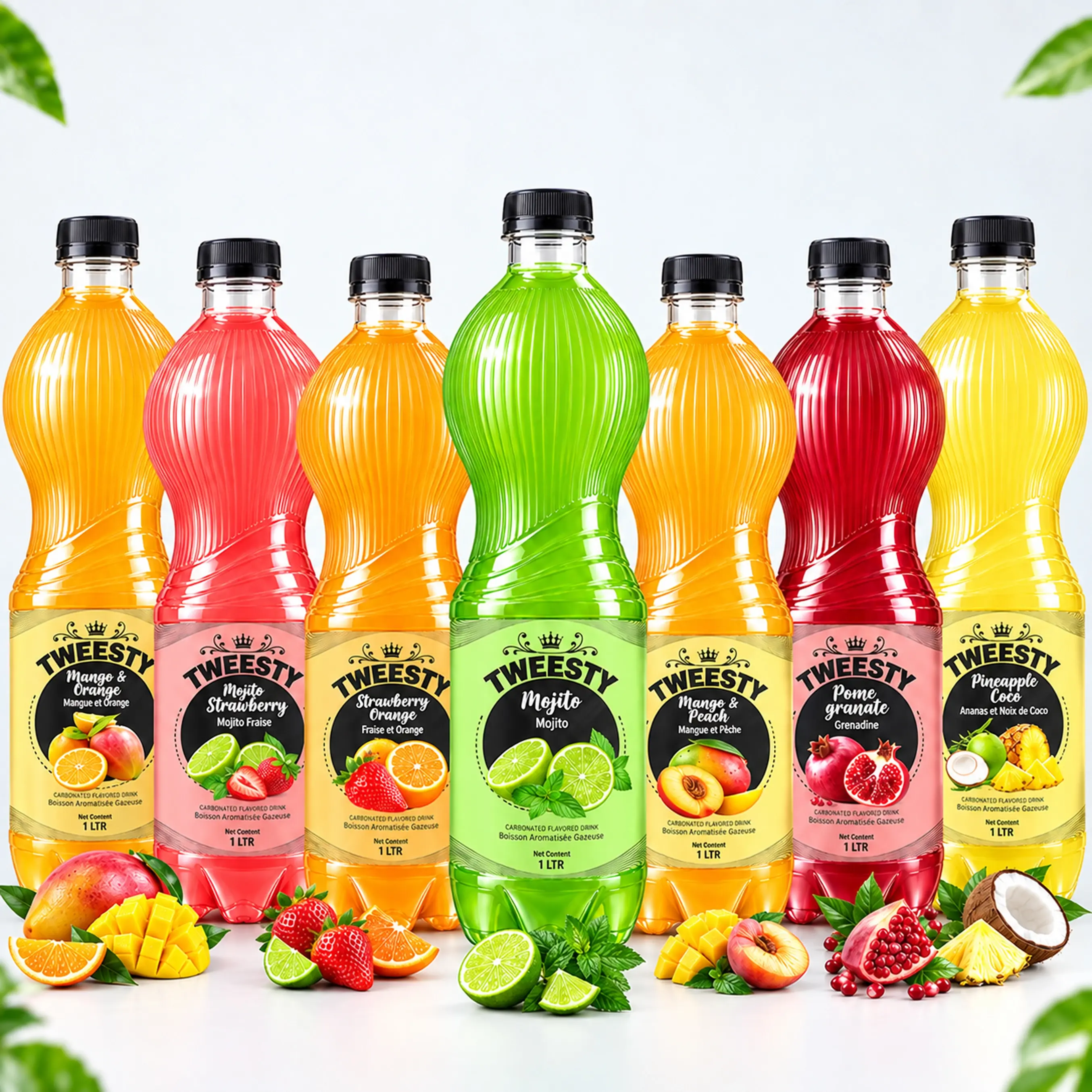 TWEESTY assorted carbonated flavoured drinks in Mango Orange, Mojito Strawberry, Strawberry Orange, Mojito, Mango Peach, Pomegranate and Pineapple Coco flavours, 1L PET bottles